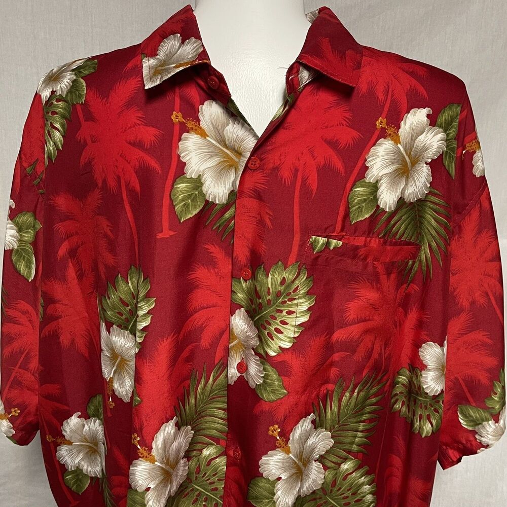 Rima Mens Hawaiian Shirt Tiki Hibiscus Flower Island Resort Palm Leaf Red 3XL